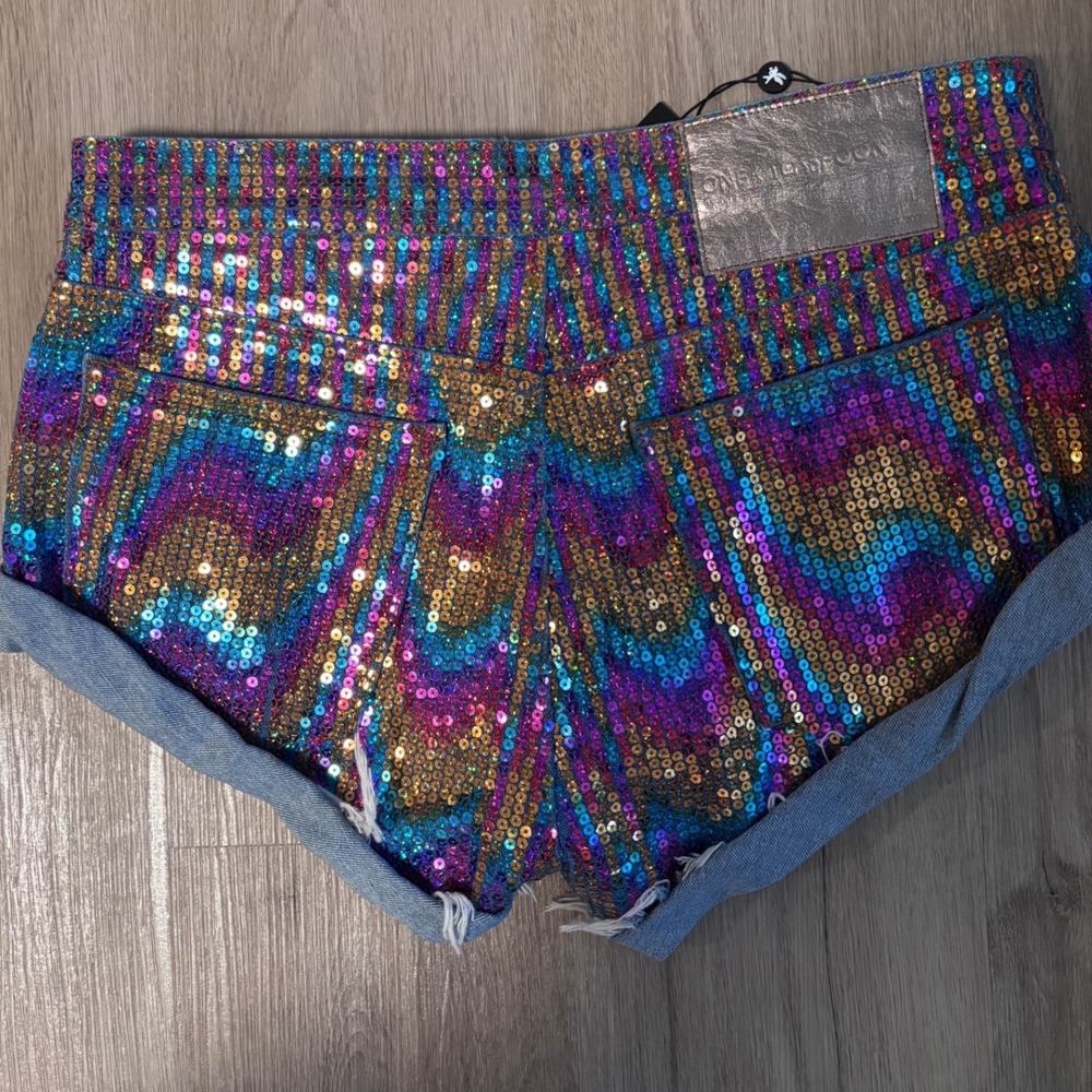 One Teaspoon Bandit Low Waist Denim Shorts Rainbow Sequin 26002 Womens Size 26 - Picture 4 of 5